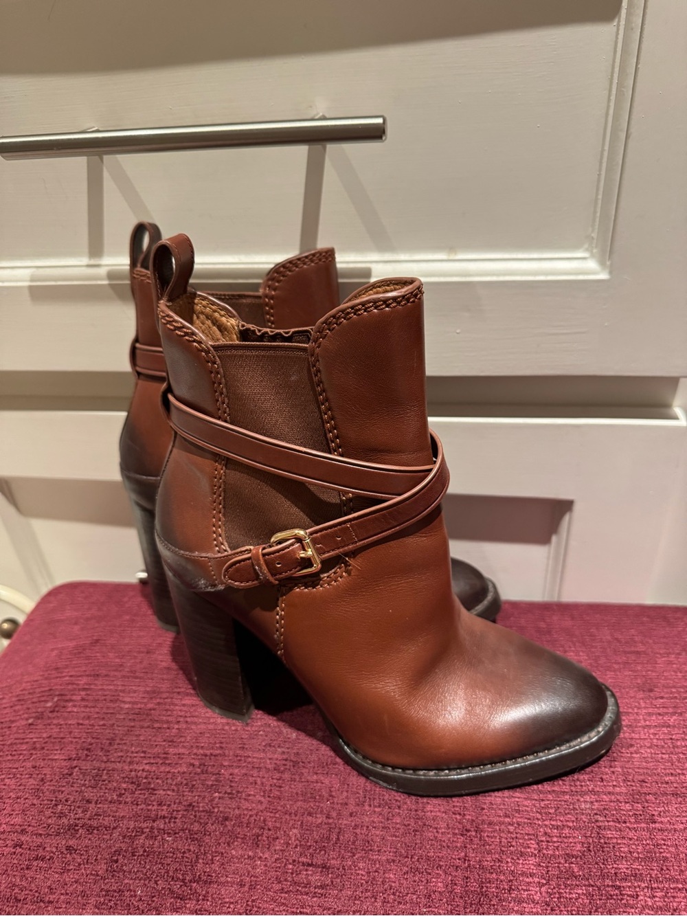 Coach Brown Leather Ankle Booties with Wrap Strap and Gold Buckle